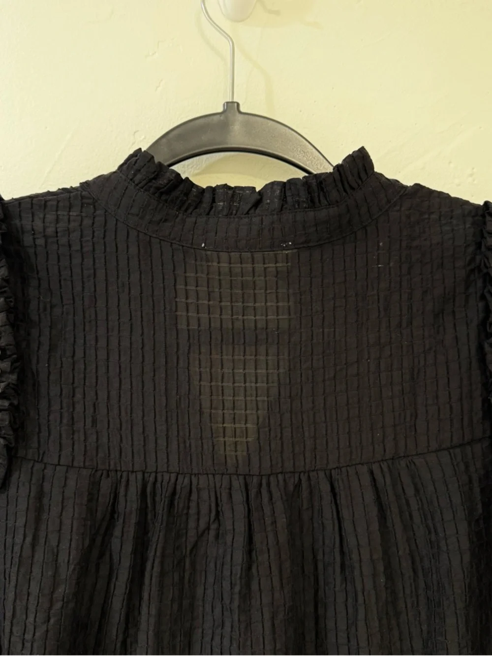 Feminine flowy top from Entro. Black Ruffle Sleeve Blouse with Pearl Trim - Picture 3 of 14